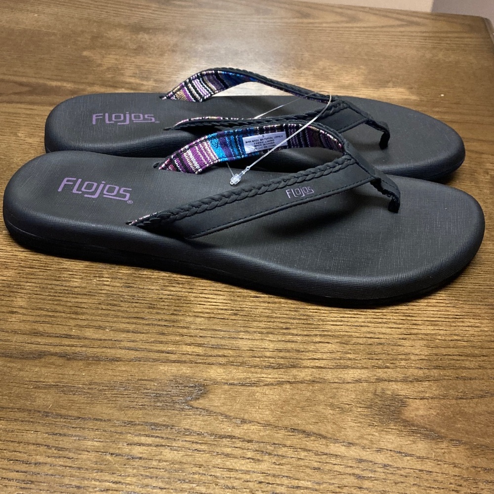 Flojos Black Sandals with Purple Logo and Multicolor Woven Trim - Picture 5 of 8